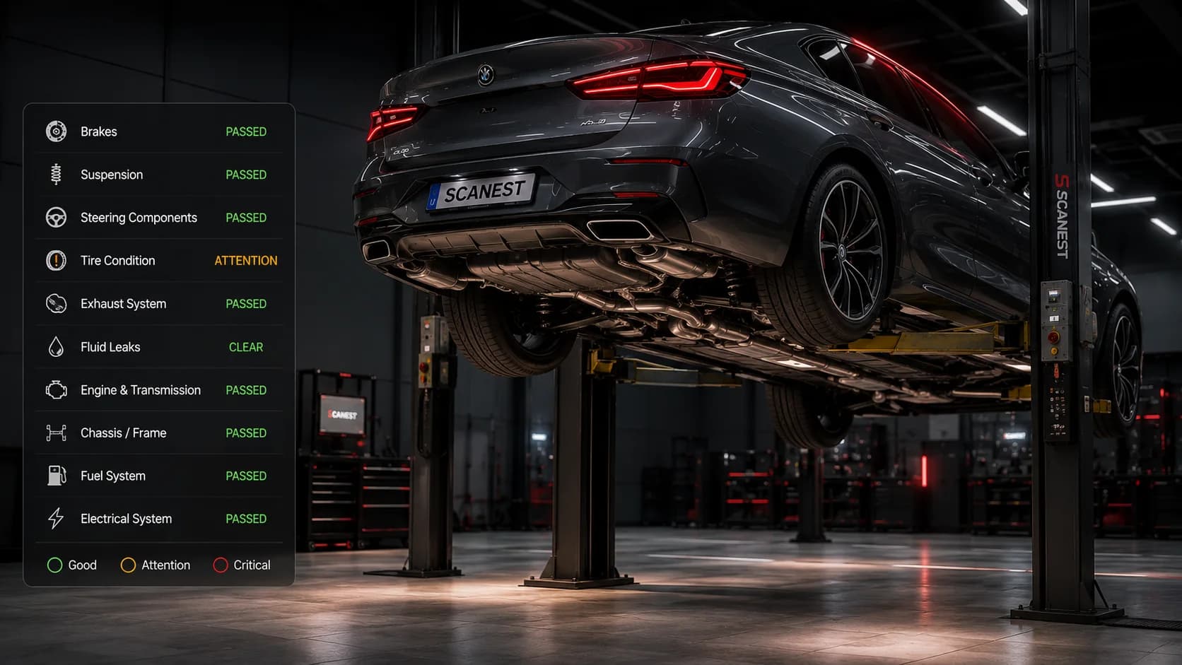 Professional vehicle underbody inspection showing chassis and mechanical components