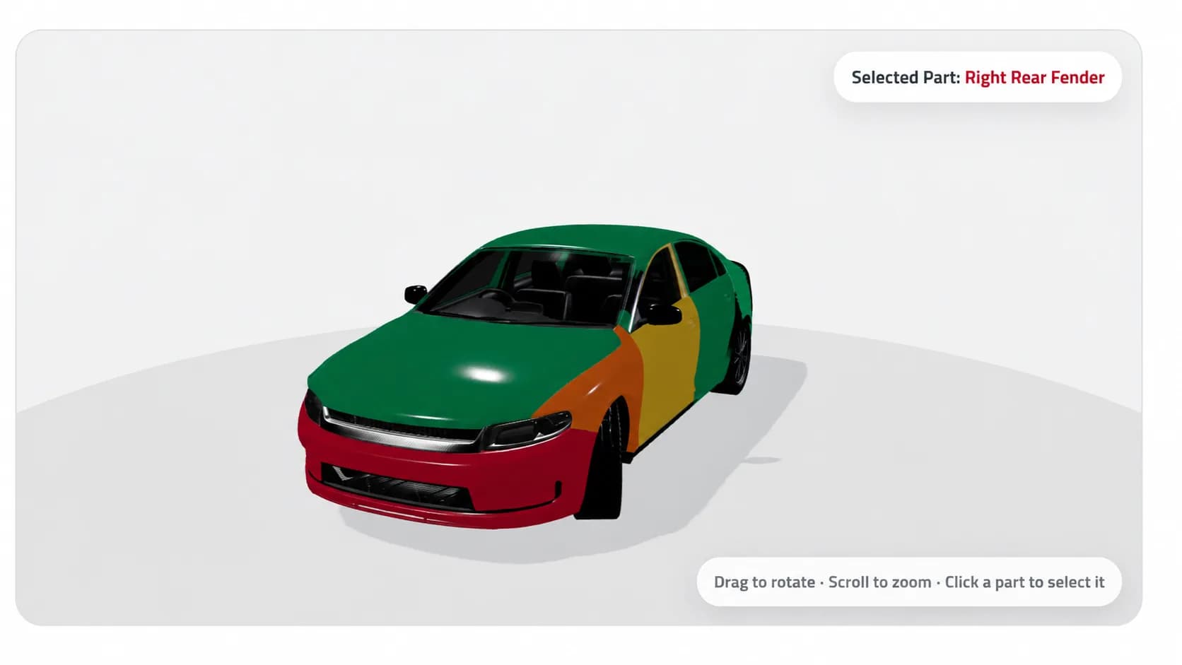 Scanest color-coded 3D car configurator showing an interactive vehicle body with green, amber and red inspection panels and a selected right rear fender